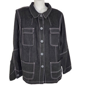 Susan Graver Womens Moleskin Jacket Contrast Stitch Size 1X Black Button Pockets